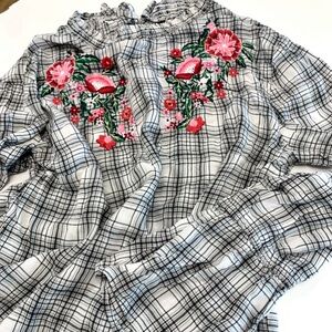 Divided H&M Embroidered Rose Plaid Blouse